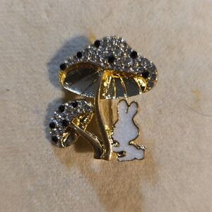 Gold-tone and Clear Crystals Mushroom Brooch with Enamel Rabbit NWT Modern